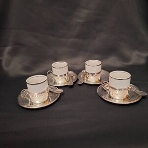 Bellini Brasil Silver Plate Espresso Cups Demitasse Saucers Spoons Set 4 Vintage